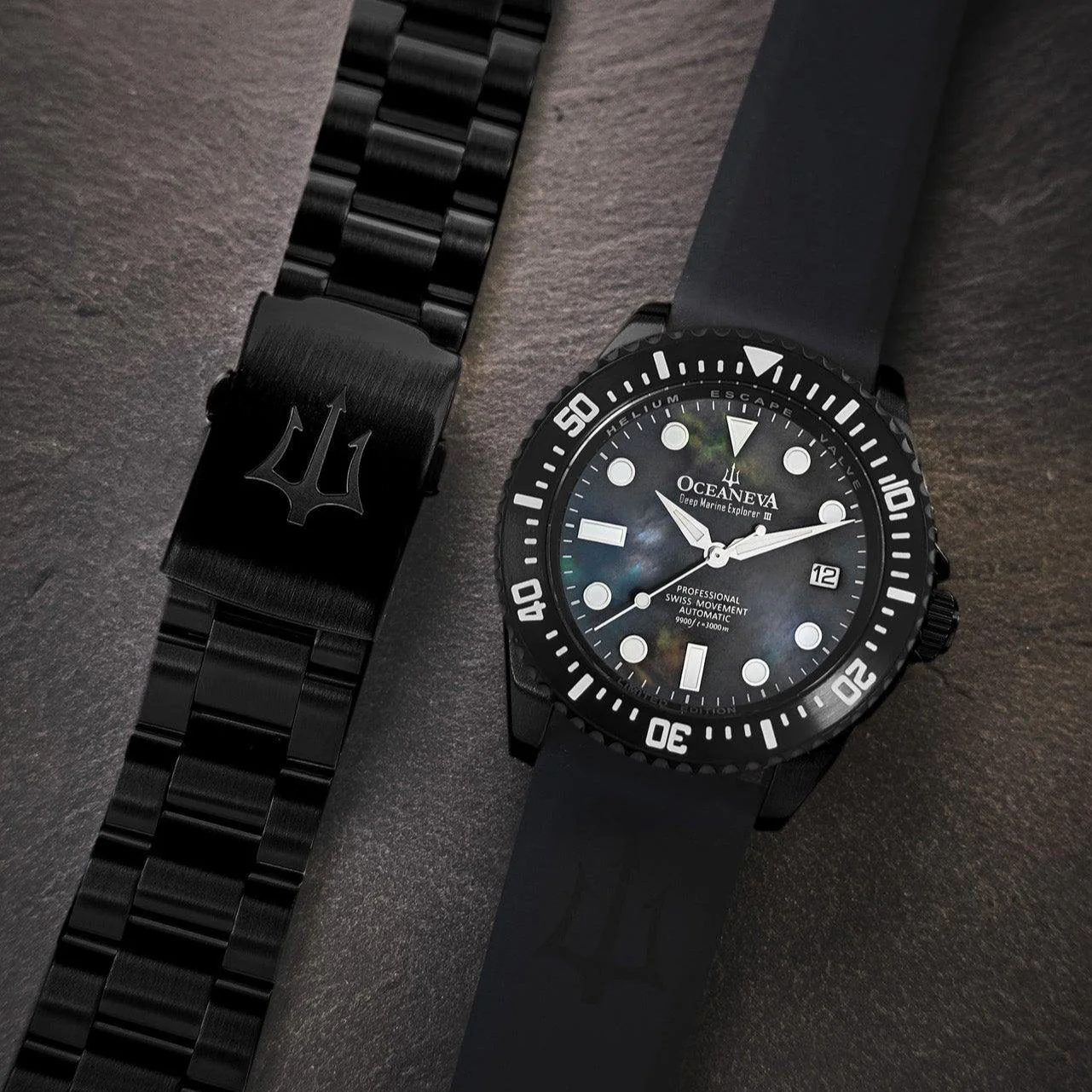 Oceaneva Deep Marine Explorer III Automatic 3000M Pro Diver Black Gray Mother Of Pearl Limited Edition - Image 9