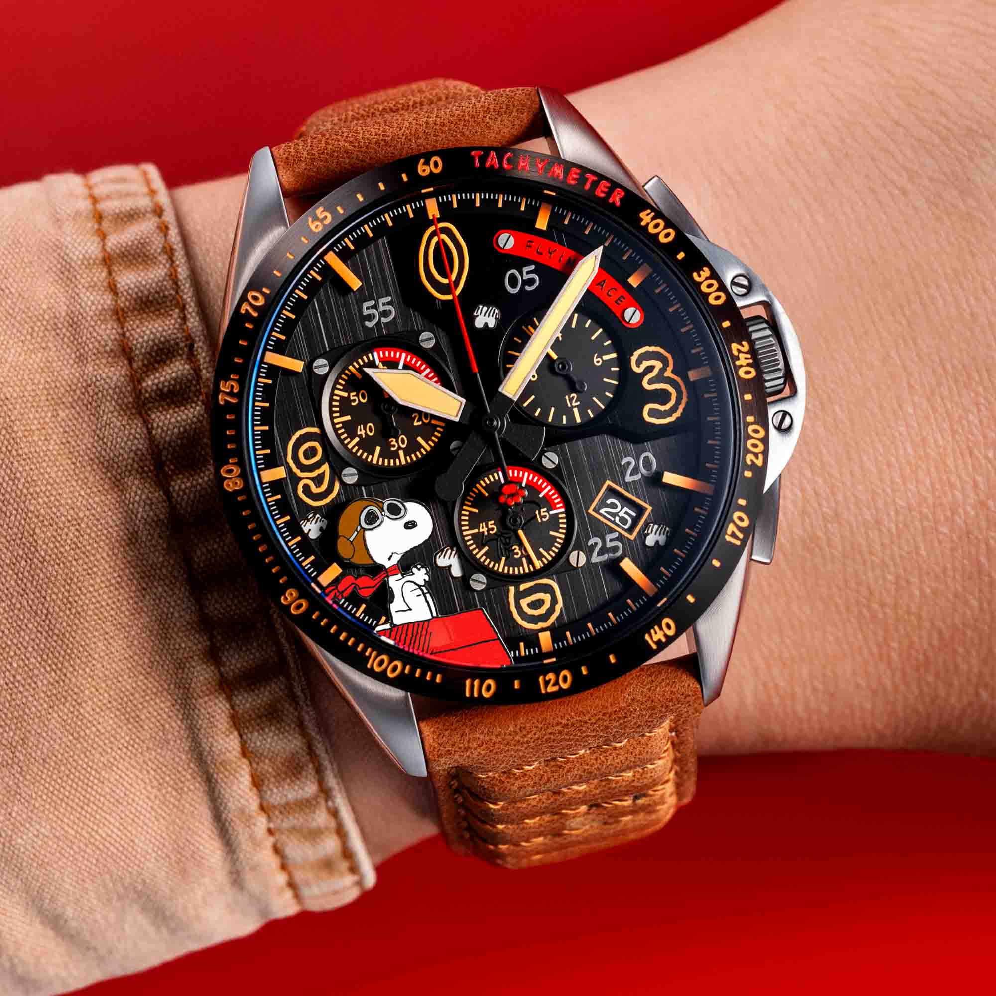 P-51 Mustang Blakeslee Chronograph Peanuts Snoopy Flying Ace Biplane Brown Limited Edition - Image 2